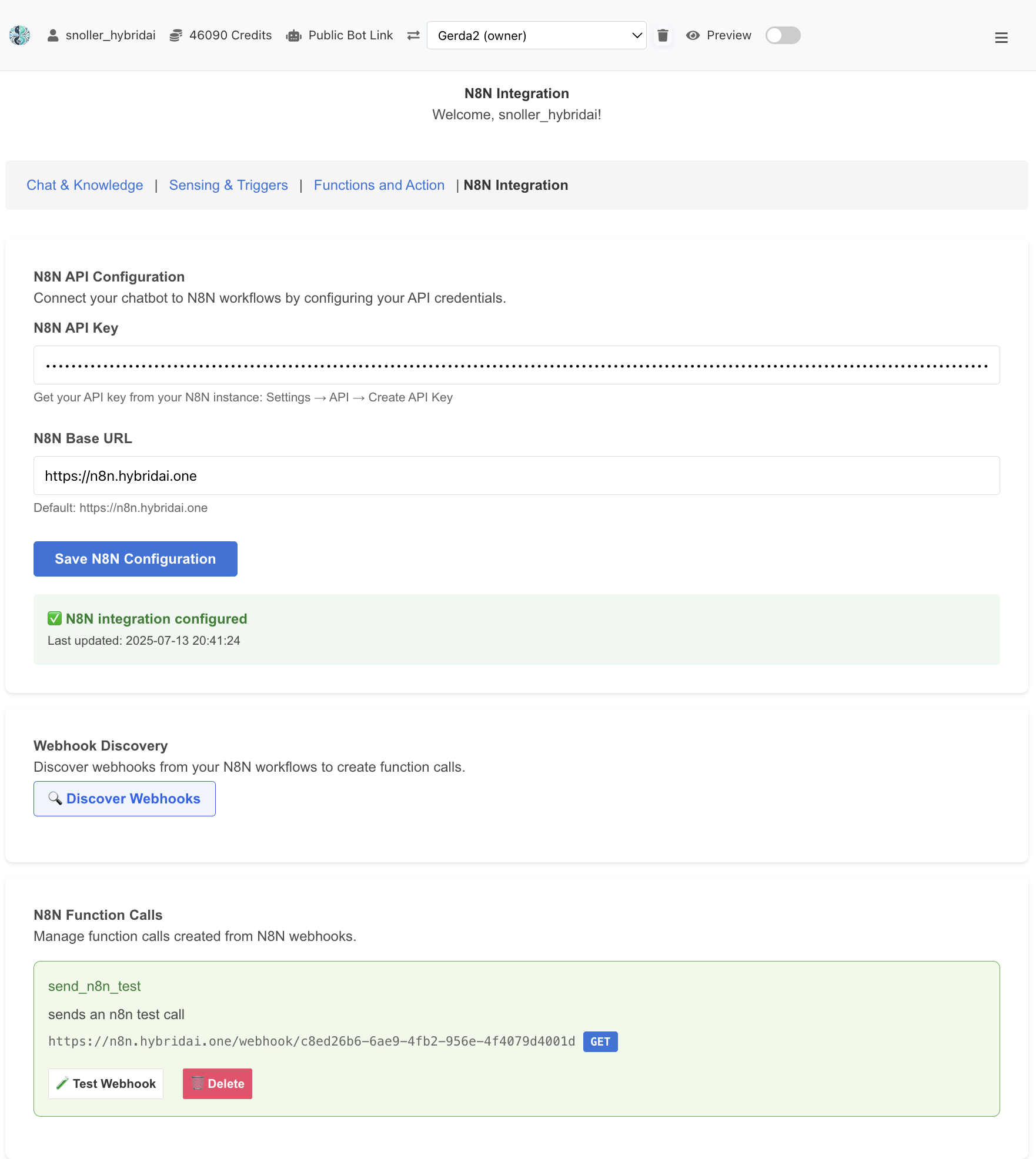 N8N Integration Configuration Interface